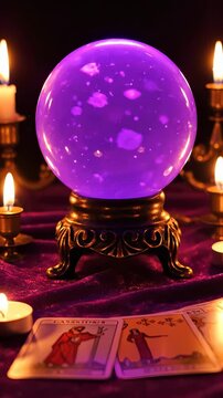 Mystical fortune teller sessions with crystal ball. Candles illuminate vibrant purple orb, tarot cards reveal secrets. Enchanting atmosphere evokes curiosity and wonder.