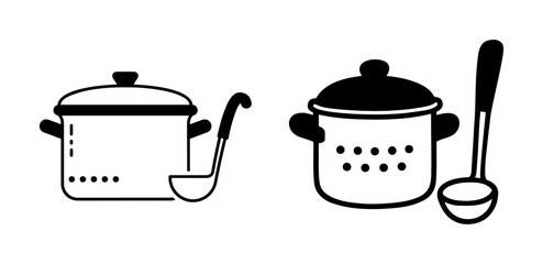 Vector illustration of two cooking pots with lids and ladles in a simple black and white style