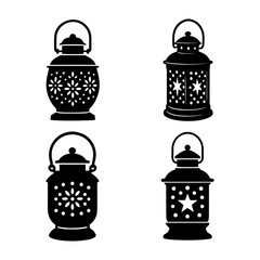 Vector illustration of four decorative lanterns with floral and star cutouts in black and white