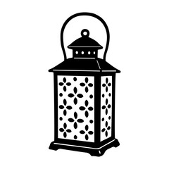 Vector illustration of a black and white lantern with floral cutouts and a carrying handle design
