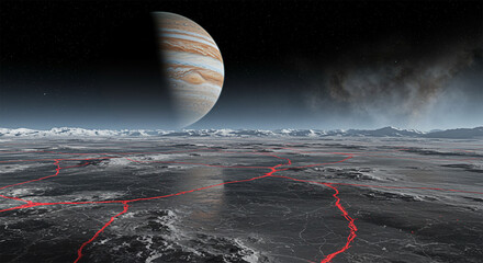"Land of Fire and Ice: A Sci-Fi View of Jupiter’s Moon Surface with Glowing Lava Veins Before the Giant Planet Jupiter"

