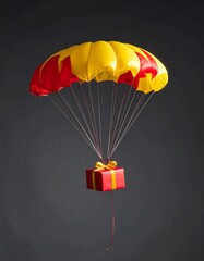 Obraz premium Gift Delivery Concept with Parachute on Grey Background for Holiday Season.