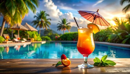 Tropical summer cocktail at pool resort vibrant sunset relaxation and vacation paradise.
