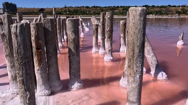 Sodium Chloride crystallized on the bottom and wooden poles