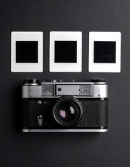 Fototapeta premium Vintage camera with three empty slide frames against a dark backdrop, emphasizing the retro photography theme