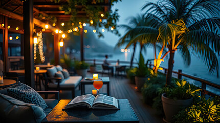 A covered terrace for relaxing with tropical drinks by the sea at a luxury resort villa.