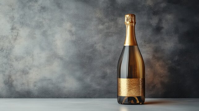 A bottle of champagne with a golden label against a textured backdrop