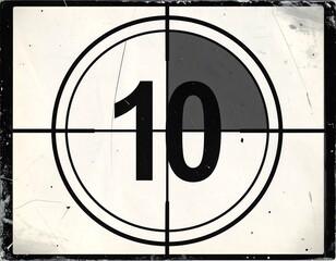 Vintage film countdown displaying "10" within concentric circles and a rectangular frame, evoking old cinema