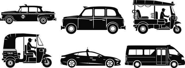 Silhouette taxi cab, London black cab, tuk tuk, auto rickshaw, sedan taxi, minivan taxi, public transport, urban vehicle, travel, commuting