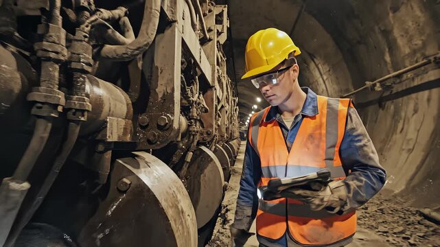 Worker Inspecting Tunnel Boring Machine Inside Underground Tunnel