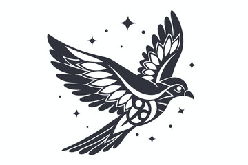 Intricate monochrome bird soars with stars, its wings patterned beautifully against white