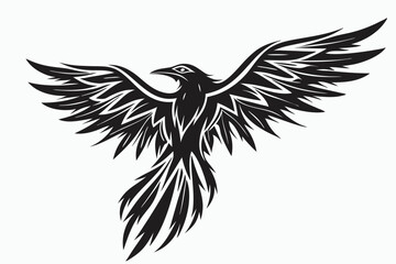 Majestic raven soars powerfully, its wings fully extended in a captivating symmetrical monochrome vector