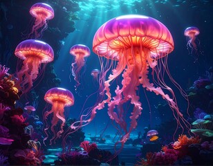 Glowing jellyfish drift amidst coral reefs, bathed in ethereal light