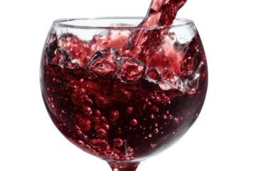 A close-up of red liquid being poured into a glass, capturing the movement and bubbles
