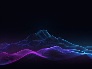 Abstract digital mountains with glowing blue and purple undulating wireframe lines