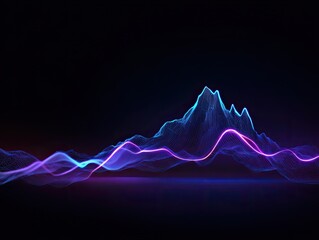 Abstract neon glowing digital soundwave mountains on a dark background