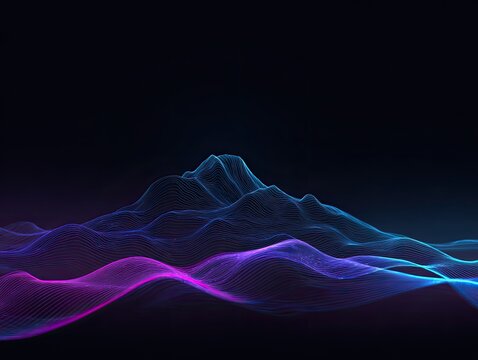 Abstract digital mountains with glowing blue and purple undulating wireframe lines