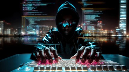 A hooded hacker types on a glowing keyboard against a backdrop of a night city and holographic code.