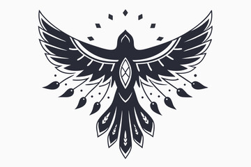 Stylized black bird spreads its wings displaying intricate feather details on a light background