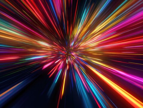 Vibrant, multicolored light trails burst from a central point, creating a dynamic speed effect