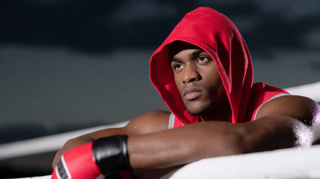 African American male boxer wearing red hoodie and gloves, resting on boxing ring, with intense expression and dramatic lighting, showcasing determination and strength in sports