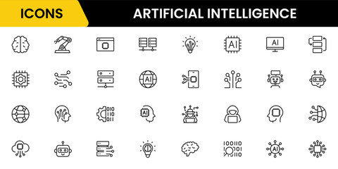 Artificial intelligence set of web icons in line style. AI technology icons for web and mobile apps. Machine learning, algorithm, smart robotics, cloud computing network Vector illustration