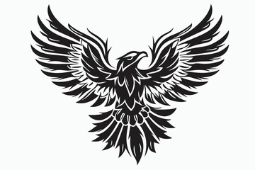 Fototapeta premium Striking stylized black phoenix spreads wings with a powerful presence on a white backdrop