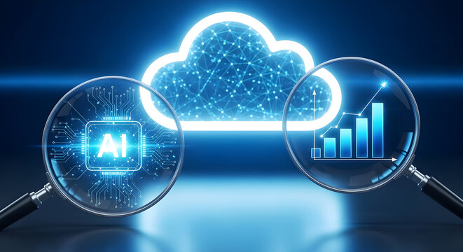 Cloud ai data analysis with magnifying glass concept