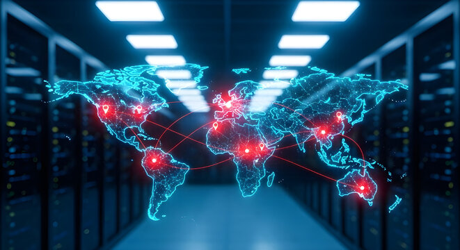 World map in server room with red connections between