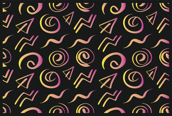 Neon Abstract Arrow and Swirl Doodle Vector Pattern on Black Background