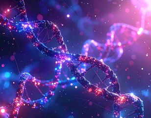Glowing digital illustration of a DNA strand in shades of blue and purple