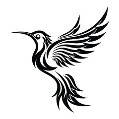 Stylized hummingbird with abstract wing pattern soars majestically in sleek black silhouette against white