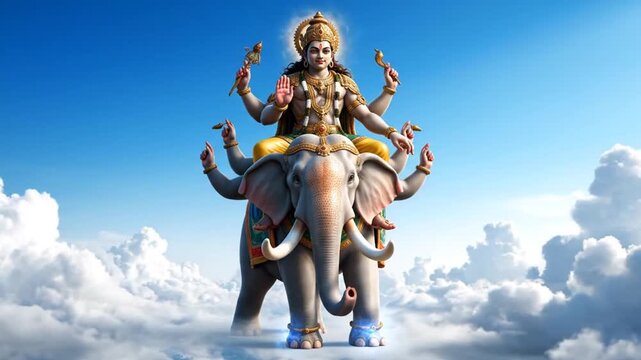 Mythological multi-armed deity riding a majestic multi-tusked elephant through ethereal clouds in a bright blue sky