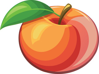 Vector art of a ripe, juicy peach with a glossy sheen and a green leaf, isolated on a