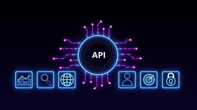 API Application Programming Interface Concept. A programmer types on a laptop, interacting with digital icons representing API development, security, and cloud computing. Application Software Tool
