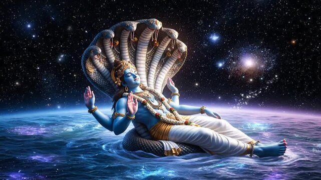 Cosmic deity resting on a multi-headed serpent in a vast, starlit ocean, symbolizing divine creation and spiritual peace.