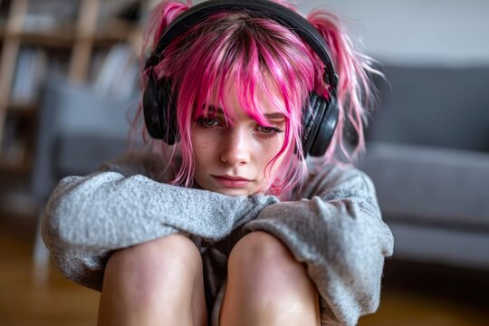 A sad pink-haired teen wears headphones sits on the floor, embracing her knees, head down, near the sofa at home. The girl is despondent, the concept of stress in teenagers, loneliness