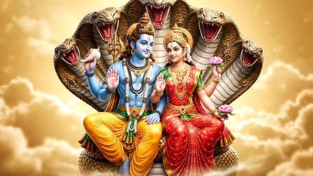 Divine Couple on Multi-Headed Serpent, Golden Celestial Background. Hindu Mythology.