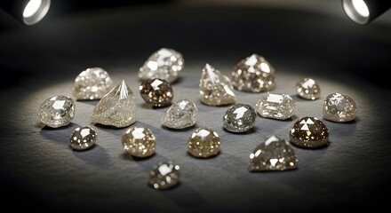 Discover the allure of raw, natural diamonds sparkling under dramatic spotlight, showcasing their unique beauty and precious value.