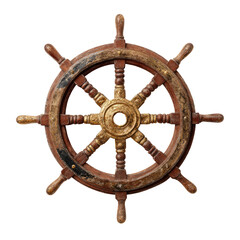 Detailed image of a weathered wooden ship's wheel against a black background. Gold and rust tones abound