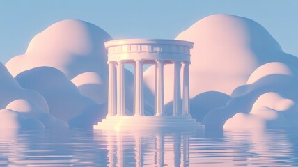 Obraz premium Dreamy Classical Temple Floating on Water Amidst Puffy Clouds