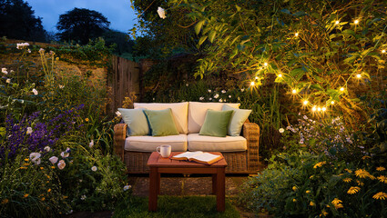Obraz premium A cozy seating area in a flower garden, a rattan sofa with soft cushions