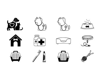 Pet Wellness & Animal Health Black Silhouette Vector Set: Dog, Cat, Stethoscope, Paw Print Heart, and Vet Care Flat Icons for Apps and Clinic Design.