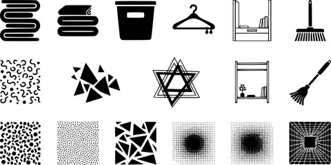 Minimalist Home Organization Black Silhouette Icon Set: Storage Bins, Folded Towels, Hanger, and Declutter Symbols for Lifestyle and Productivity.