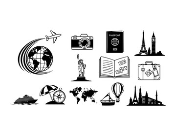 Global Travel & Tourism Black Silhouette Outline Icon Set: Airplane Path, Passport, Luggage, and Iconic Landmark Profile Line Art Vectors.