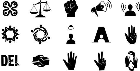 Diversity, Equity, and Inclusion (DEI) Black Silhouette Vector Set: Interlocked Figures, Justice Scale, Megaphone, and Abstract Unity Symbols.