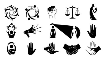 Diversity, Equity, and Inclusion (DEI) Black Silhouette Vector Set: Interlocked Figures, Justice Scale, Megaphone, and Abstract Unity Symbols.