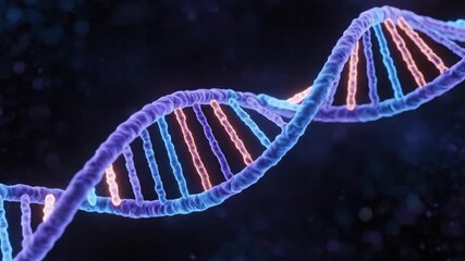 A detailed 3d rendering of a dna double helix structure, with glowing blue and purple strands intertwined, representing the blueprint of life and genetic information - Powered by Adobe