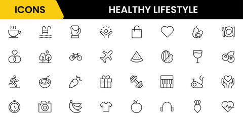 Healthy lifestyle icon set. Contains Icons for diet, exercise, sleep, running, routine, gym, nutrition, cardio exercises, sports supplements, yoga, self-care, culture, and hobbies.