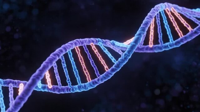 A detailed 3d rendering of a dna double helix structure, with glowing blue and purple strands intertwined, representing the blueprint of life and genetic information - Powered by Adobe